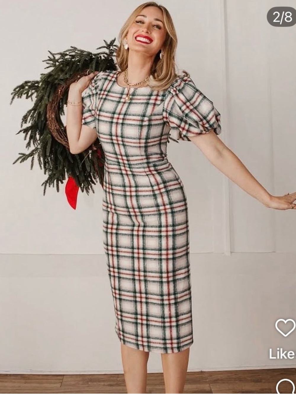 Plaid Puff-Sleeve Midi Dress in Cream and Green